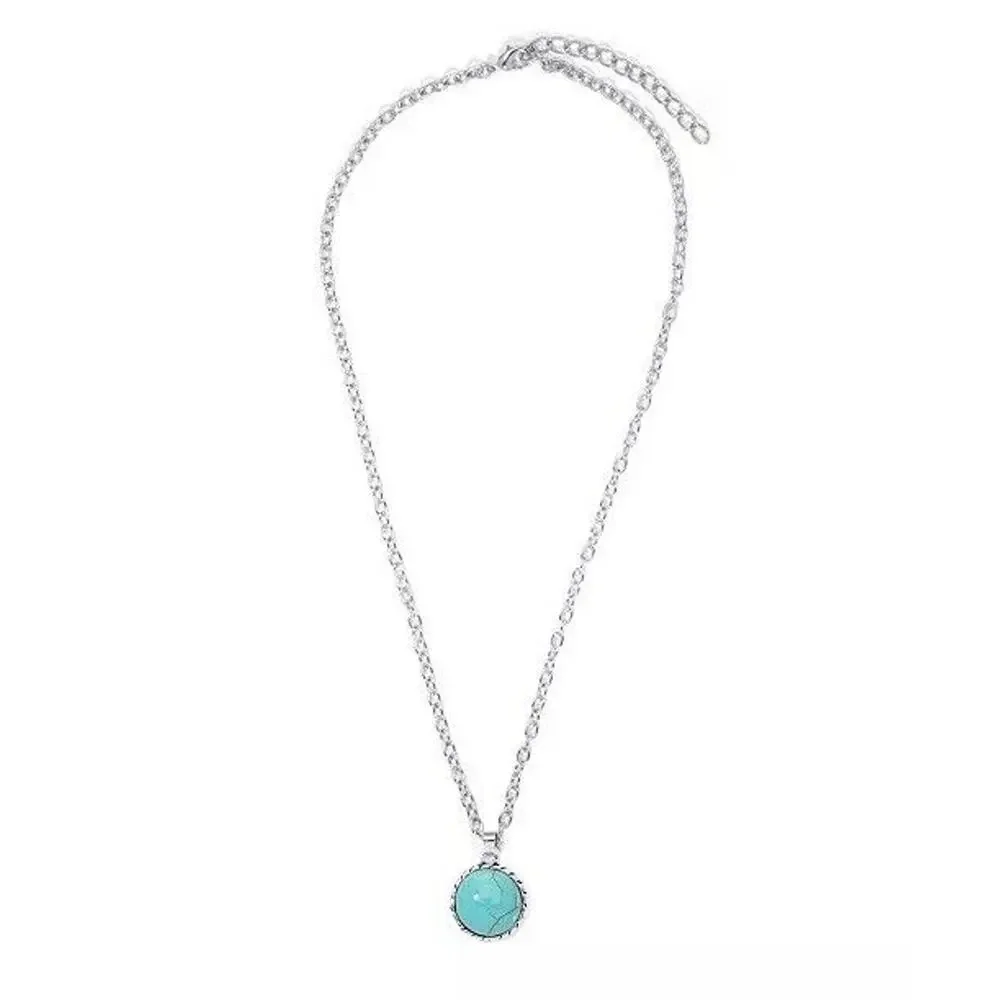 Silver Plated Faux Turquoise Pendant Necklace Stunning Chic Women's Fashion NEW